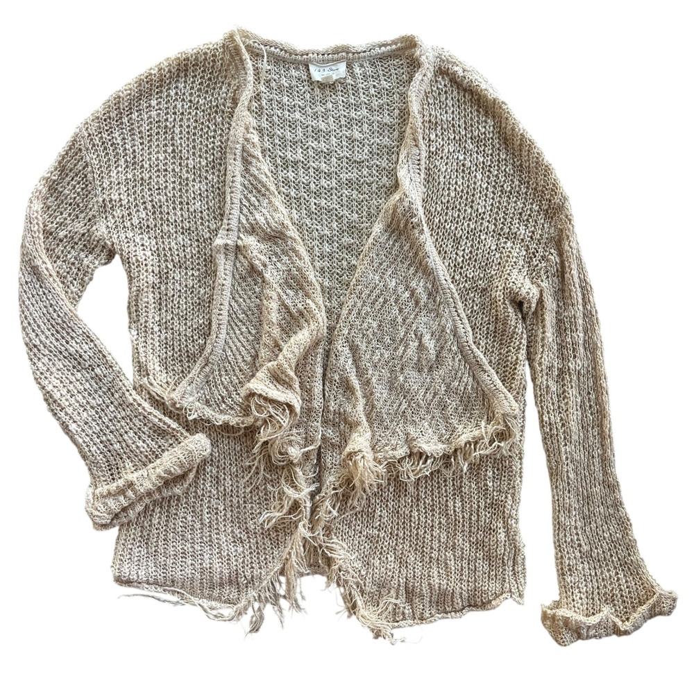 143 Story Women's Med Cream Crochet Knit Frayed Fringe Drape Open Front Cardigan